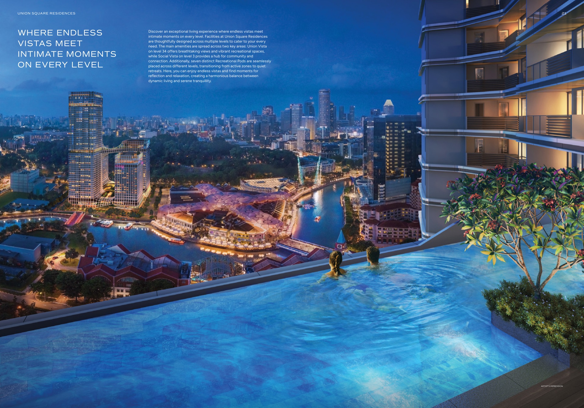 Night infinity pool overlooking Clarke Quay